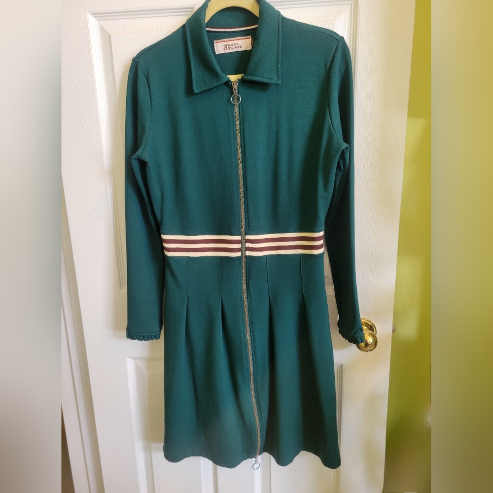 Long sleeve green zip-front dress in size L by 4 Funky Flavours